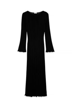 Black Knitted Round Neck Frill Maxi Dress