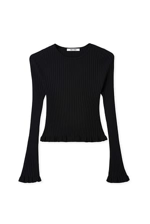 Black Knitted Round Neck Frill Top