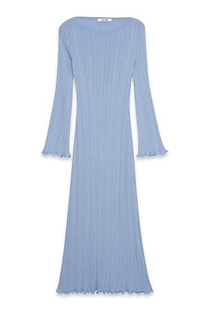 Light Blue Knitted Round Neck Frill Maxi Dress