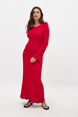 Red Knitted Round Neck Frill Maxi Dress