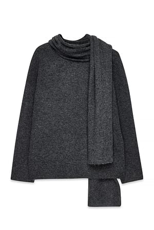 Dark Grey Knitted Scarf Detail Sweater