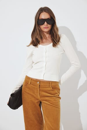 Offwhite Knitted Scoop Neck Cardigan