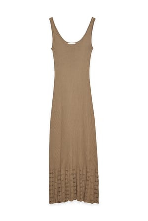 Taupe Knitted Scoop Neck Crochet Midi Dress