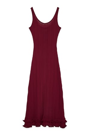 Burgundy Strick-Maxikleid mit Rüschen und Rundhalsausschnitt