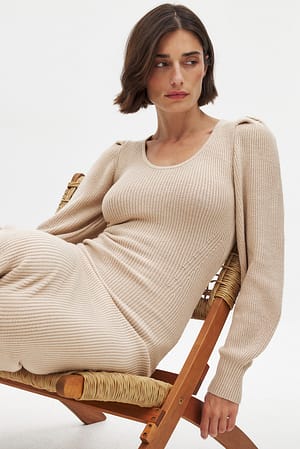 Beige Knitted Scoop Neck Puff Sleeve Dress