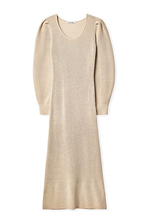 Beige Stickad klänning med puffärmar och rund halsringning