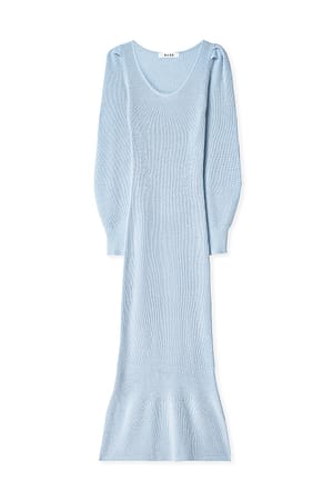 Dusty Blue Strickkleid mit Puffärmeln und U-Boot-Ausschnitt