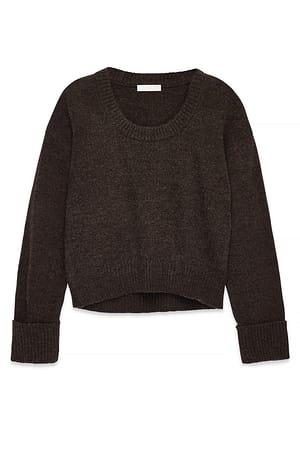 Brown Knitted Scoop Neck Wool Blend Sweater