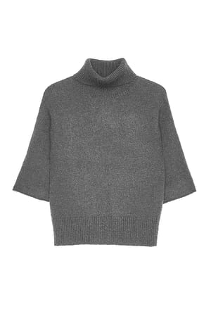 Dark Grey Melange Knitted Short Sleeve Wool Blend Sweater
