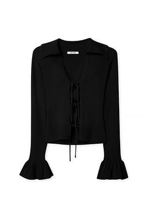 Black Knitted Tie Detail Ribbed Top