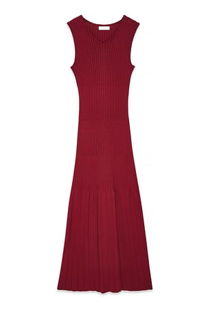 Burgundy Knitted V-Neck Flowy Dress