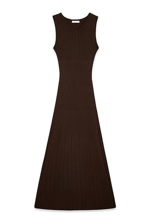 Dark Brown Knitted V-Neck Flowy Dress