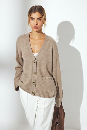 Beige Melange Strikket cardigan i ullblanding