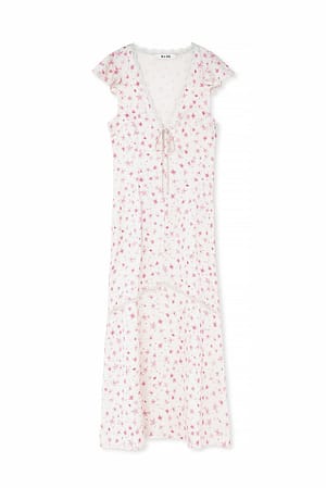 Flower Print Lace Insert Frill Sleeve Midi Dress