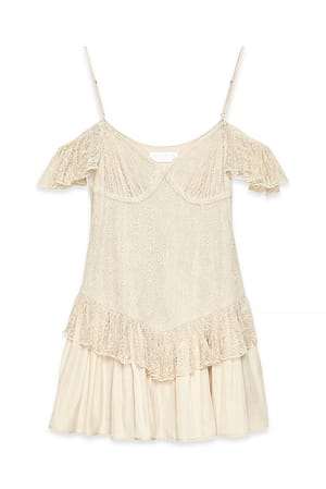 Beige schulterfreies Minikleid mit Spitze