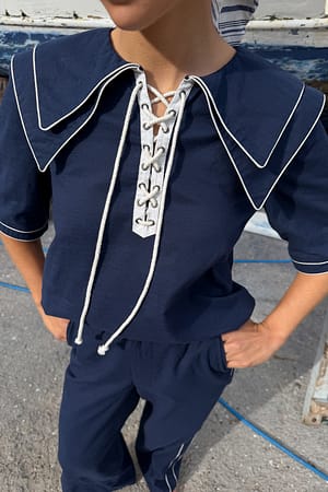 Navy Lacing Detail Cotton Blouse