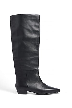 Black Leather Squared Toe Knee High Boots