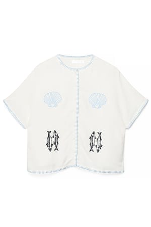 Offwhite Linen Blend Embroidery Cropped Blouse