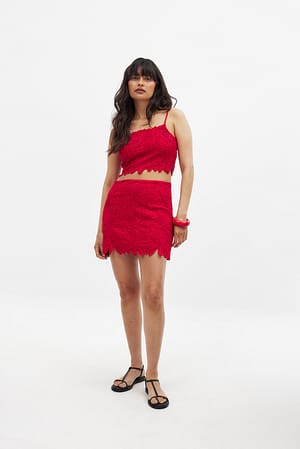 Red Linen Blend Anglaise Detail Mini Skirt