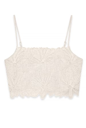 Beige Anglaise-Top aus Leinenmischung