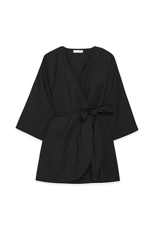Black Linen Blend Kaftan Wrap Mini Dress