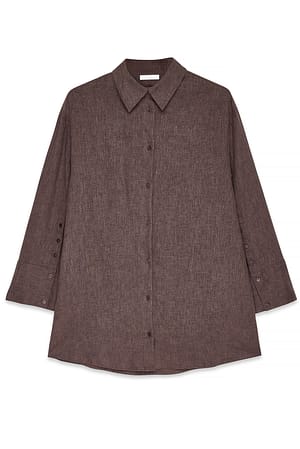 Brown Robe chemise courte en lin mélangé