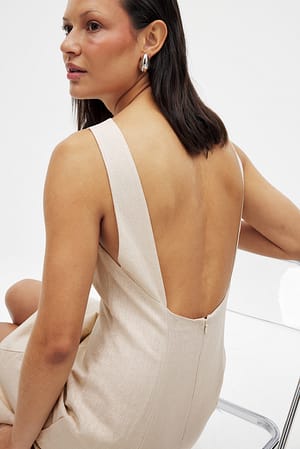 Beige Linen Blend Open Back Mini Dress