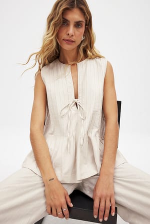 Beige Geplooide top van linnenmix