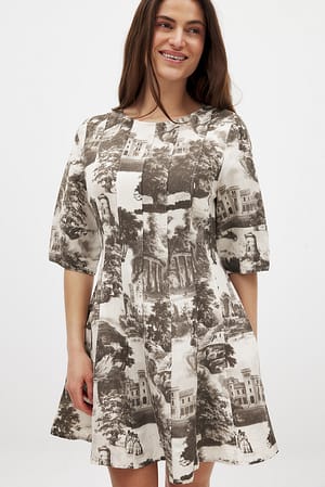 Print Linen Blend Seam Detail Mini Dress