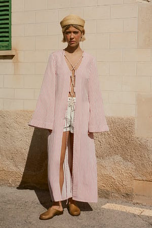 Red/White Stripe Caftan med striper i linblanding
