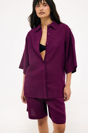 Fuchsia Pink Linen Short Sleeve Shirt