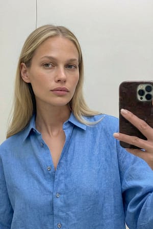 Blue Camisa de lino con mangas anchas