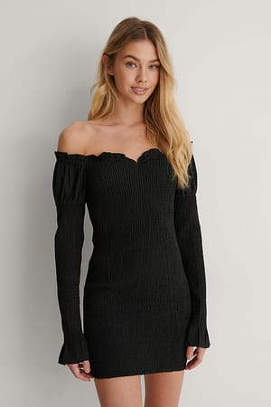 Black Smocked Off Shoulder Dress