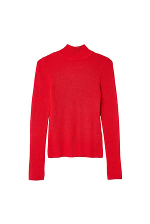 Red Ribbstickad långärmad topp med turtleneck