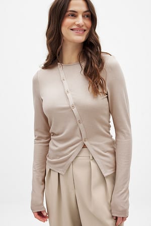 Beige Long Sleeve Button Top