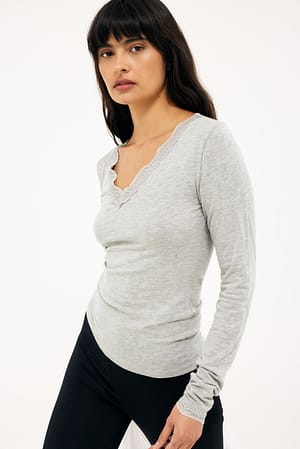 Grey Melange Langærmet top i jersey med blondedetalje