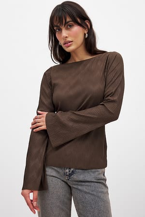 Brown Plisseret top med lange ærmer