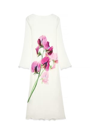 Flower Pink Pattern Long Sleeve Plisse Maxi Dress