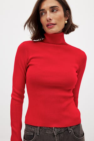 Red Long Sleeve Turtleneck Ribbed Knitted Top