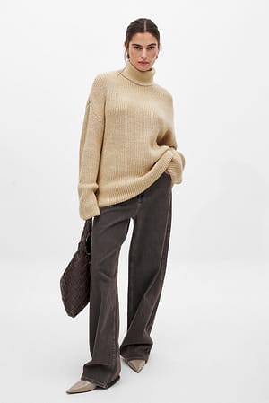 Beige Long Turtle Neck Knitted Sweater