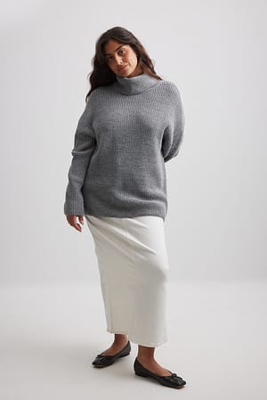 Grey Long Turtle Neck Knitted Sweater