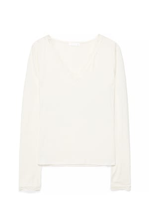 White langärmeliges Jersey-Oberteil mit Spitzeneinsatz
