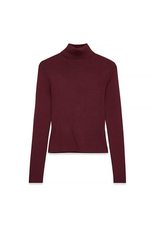 Burgundy Ribbestrikket topp med lange ermer og rullekrage