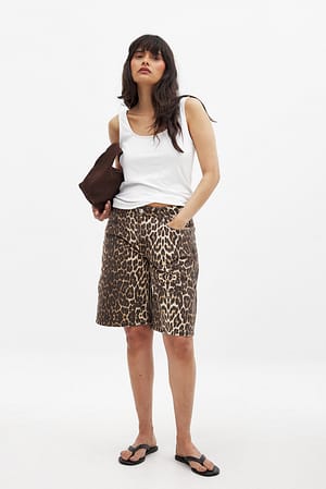 Leopard Low Waist Wide Denim Shorts