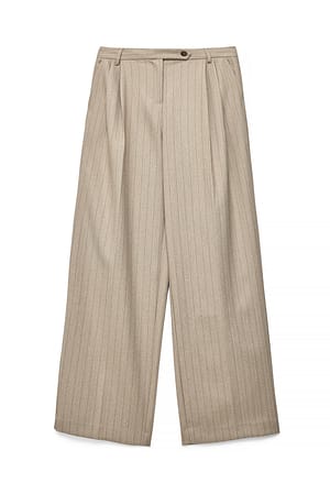 Beige Melange Low Waist Wide Pinstripe Pants