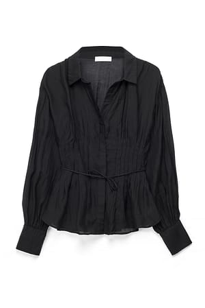Black Lyocell Sheer Pintuck Blouse met lange mouwen