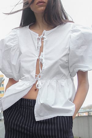 White Cotton Puff Sleeve Tie Front Blouse