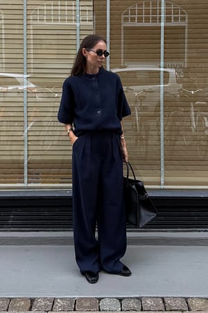 Navy Pantalón de traje de cintura alta y pierna ancha