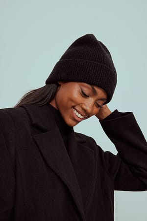 Black Wool Blend Knitted Beanie