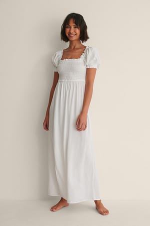White Smocked High Slit Dress